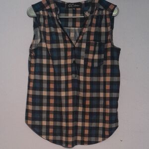 IC COLLECTION Women's Checkered Sleeveless Blouse - Navy and Peach